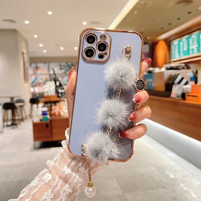 Галванизиран калъф с луксозна перлена гривна с космена топка за iPhone 14 13 Mini 12 11 Pro Max XS XR 7 8 Plus 6S SE 2020 Мека корица