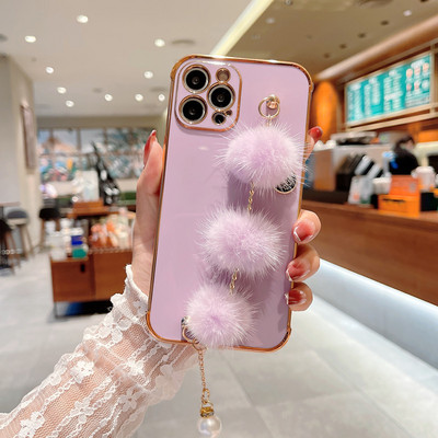 Галванизиран калъф с луксозна перлена гривна с космена топка за iPhone 14 13 Mini 12 11 Pro Max XS XR 7 8 Plus 6S SE 2020 Мека корица