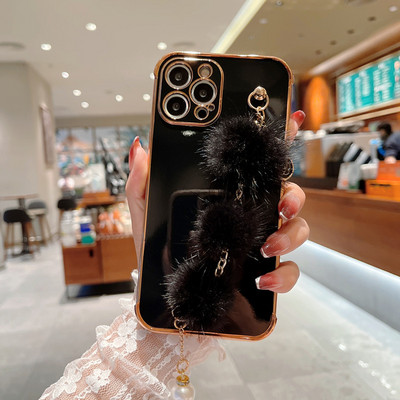 Галванизиран калъф с луксозна перлена гривна с космена топка за iPhone 14 13 Mini 12 11 Pro Max XS XR 7 8 Plus 6S SE 2020 Мека корица