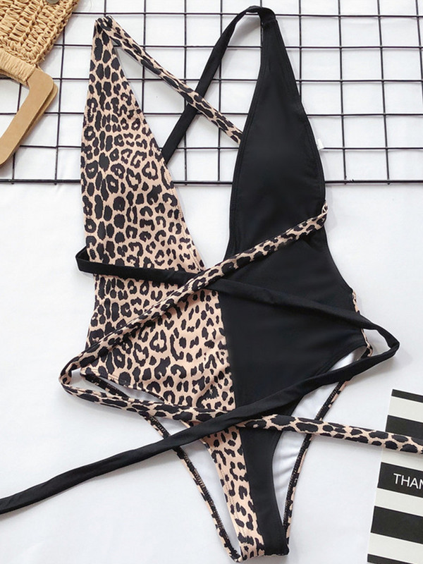 Peachtan Leopard mintás egyrészes fürdőruha női Mély v-nyakú bikini 2021 Bandage fürdőruha monokini fürdőruha női fürdőruha