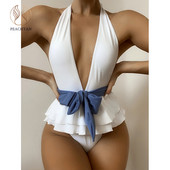 Peachtan Halter egyrészes női fürdőruha Mély V-nyakú női fürdőruha Fodros monokini Patchwork fürdőruha Bandage 2021 szexi