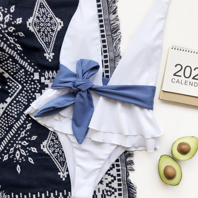 Peachtan Halter egyrészes női fürdőruha Mély V-nyakú női fürdőruha Fodros monokini Patchwork fürdőruha Bandage 2021 szexi