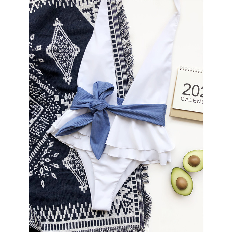 Peachtan Halter egyrészes női fürdőruha Mély V-nyakú női fürdőruha Fodros monokini Patchwork fürdőruha Bandage 2021 szexi