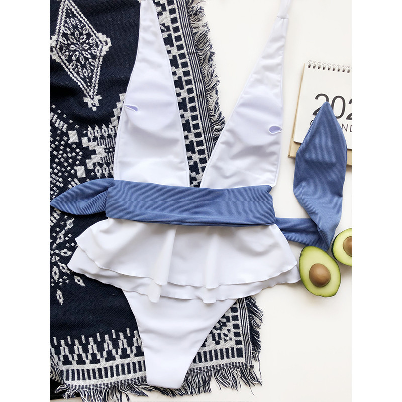 Peachtan Halter egyrészes női fürdőruha Mély V-nyakú női fürdőruha Fodros monokini Patchwork fürdőruha Bandage 2021 szexi