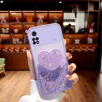 Pocox4 Love Heart Gradient Glitter Holder Case On за Xiaomi Mi Poco X4 M4 Pro 4g 5g X4pro M4pro X3 F3 M3 Силиконов капак със стойка