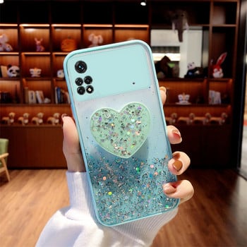 Pocox4 Love Heart Gradient Glitter Holder Case On за Xiaomi Mi Poco X4 M4 Pro 4g 5g X4pro M4pro X3 F3 M3 Силиконов капак със стойка