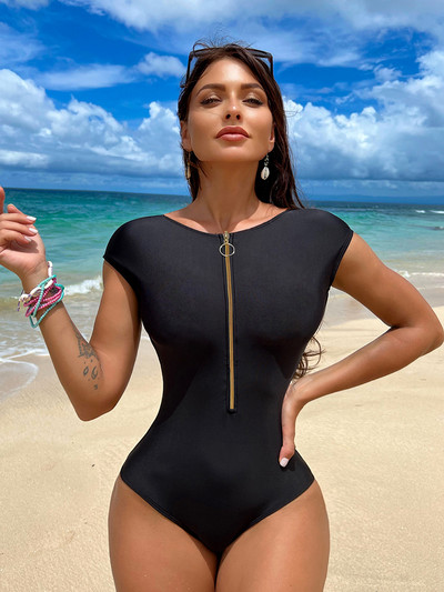 Vintage jednodijelni kupaći kostimi s patentnim zatvaračem, ženski, novi seksi kupaći kostimi s povezima bez leđa, 2022., ženski crni visoko izrezani bikiniji Push Up Monokini