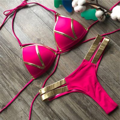 Costum de baie roșu Costum de baie Push Up Femei Biquini Halter Costum de baie căptușit Set de bikini brazilian cu ștanțare aurie Tanga 2021 Bikini sexy