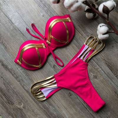 Costum de baie roșu Costum de baie Push Up Femei Biquini Halter Costum de baie căptușit Set de bikini brazilian cu ștanțare aurie Tanga 2021 Bikini sexy