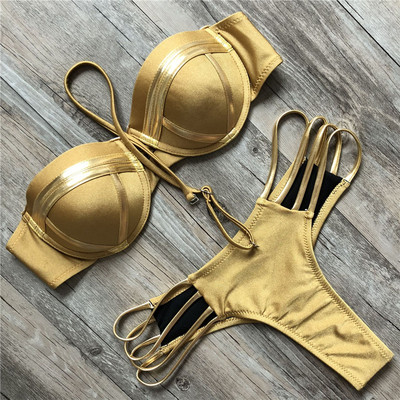 Costum de baie roșu Costum de baie Push Up Femei Biquini Halter Costum de baie căptușit Set de bikini brazilian cu ștanțare aurie Tanga 2021 Bikini sexy