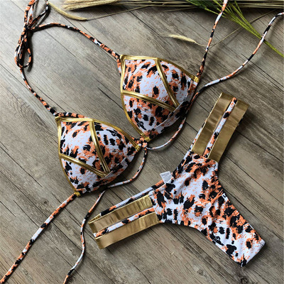 Costum de baie roșu Costum de baie Push Up Femei Biquini Halter Costum de baie căptușit Set de bikini brazilian cu ștanțare aurie Tanga 2021 Bikini sexy