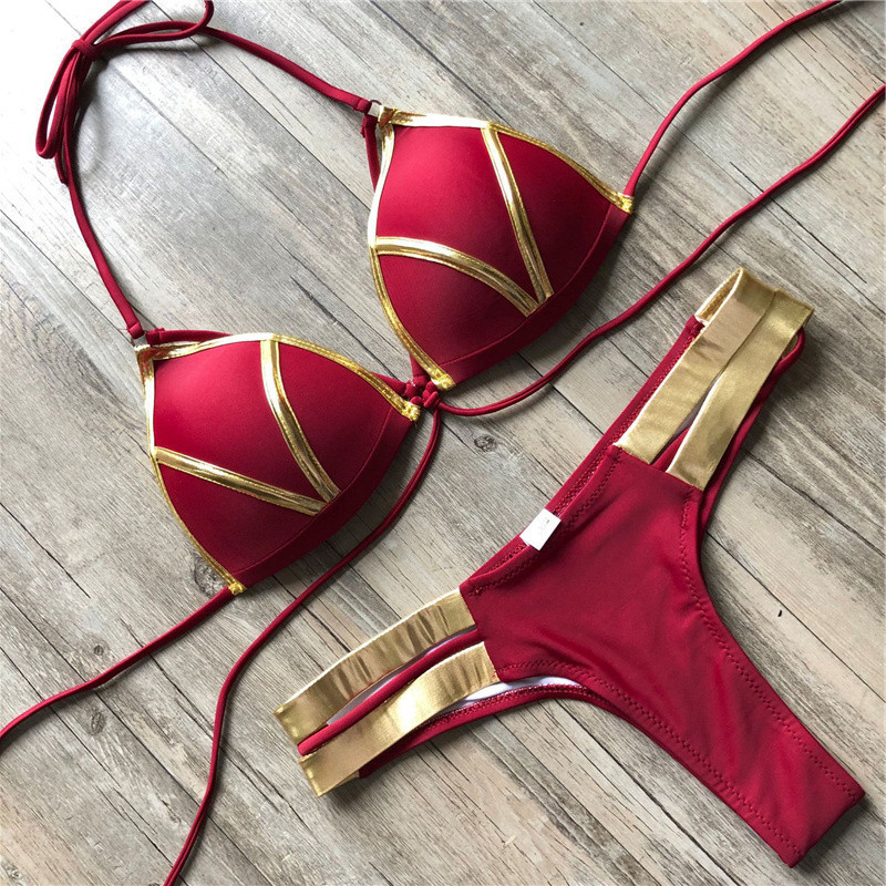 Costum de baie roșu Costum de baie Push Up Femei Biquini Halter Costum de baie căptușit Set de bikini brazilian cu ștanțare aurie Tanga 2021 Bikini sexy