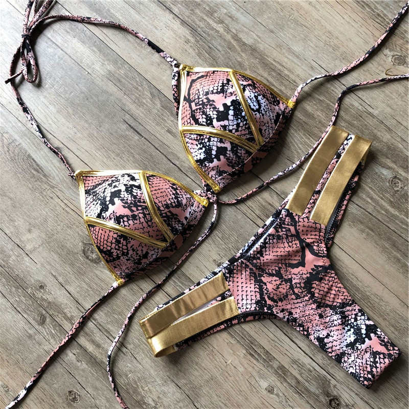 Costum de baie roșu Costum de baie Push Up Femei Biquini Halter Costum de baie căptușit Set de bikini brazilian cu ștanțare aurie Tanga 2021 Bikini sexy