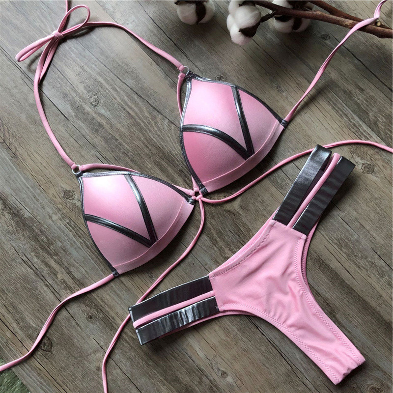 Costum de baie roșu Costum de baie Push Up Femei Biquini Halter Costum de baie căptușit Set de bikini brazilian cu ștanțare aurie Tanga 2021 Bikini sexy