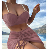 3 részes bikini szett Női fürdőruha Nyári Solid fürdőruha Push Up Bikini Strandruha Faux Pearl Shell Cup fürdőruha fürdőruha