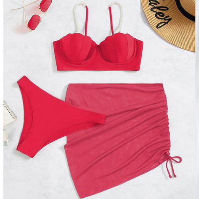3 részes bikini szett Női fürdőruha Nyári Solid fürdőruha Push Up Bikini Strandruha Faux Pearl Shell Cup fürdőruha fürdőruha