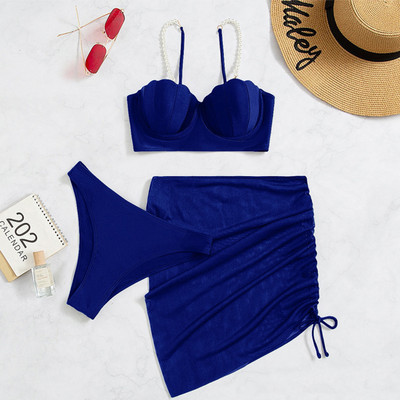 3 részes bikini szett Női fürdőruha Nyári Solid fürdőruha Push Up Bikini Strandruha Faux Pearl Shell Cup fürdőruha fürdőruha