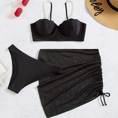 3 részes bikini szett Női fürdőruha Nyári Solid fürdőruha Push Up Bikini Strandruha Faux Pearl Shell Cup fürdőruha fürdőruha