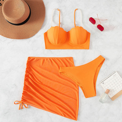 3 részes bikini szett Női fürdőruha Nyári Solid fürdőruha Push Up Bikini Strandruha Faux Pearl Shell Cup fürdőruha fürdőruha