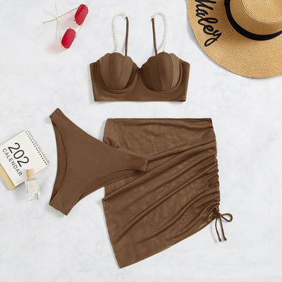 3 részes bikini szett Női fürdőruha Nyári Solid fürdőruha Push Up Bikini Strandruha Faux Pearl Shell Cup fürdőruha fürdőruha