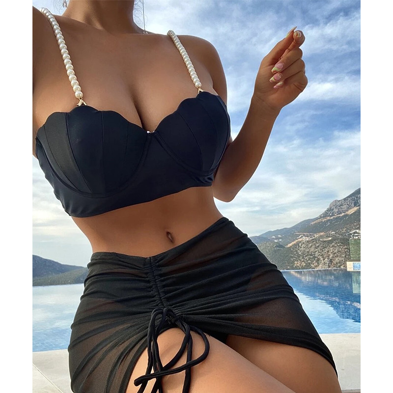 3 részes bikini szett Női fürdőruha Nyári Solid fürdőruha Push Up Bikini Strandruha Faux Pearl Shell Cup fürdőruha fürdőruha