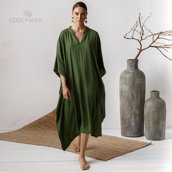 2023 Μακρύ Κόκκινο Kaftan Plus Size V-neck Maxi Φόρεμα Καλοκαιρινό Γυναικεία Ρούχα Παραλία Κάλυμμα μαγιό ρόμπα de plage sarong Q1344