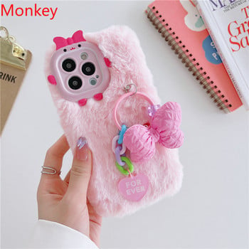 Μαλακή θήκη τηλεφώνου 3D Cute Pink Monster Bow για iPhone 13 Pro Max Case 14 12 11 pro max Winter Warm Fluffy Plush Back Covers Fundas