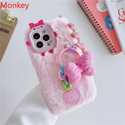 3D сладък розов Monster Bow Мек калъф за телефон за iPhone 13 Pro Max Case 14 12 11 pro max Зимни топли пухкави плюшени задни корици Fundas