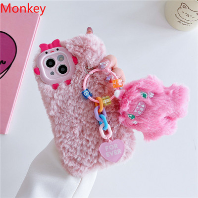 3D сладък розов Monster Bow Мек калъф за телефон за iPhone 13 Pro Max Case 14 12 11 pro max Зимни топли пухкави плюшени задни корици Fundas