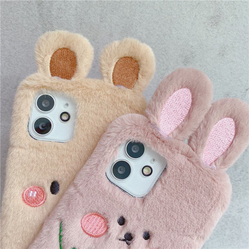 Плюшен калъф за телефон със заешки уши за iPhone 14 13 12 11 Pro Max XR XS X MAX 6 7 8 Plus SE 2022 Калъф Сладко зайче Морков Мека корица