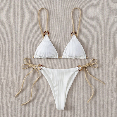 2023-as szexi bikini szett aranyos fehér sima gyűrűvel összekapcsolt spagetti pánt háromszög tanga biquini fürdőruha fürdőruha Női fürdőruha B0