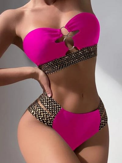 Szexi fémgyűrű üreges varrással női fürdőruhák Divatos cső felső bikini szett nyári virágmintás Push Up strandruha fürdőruha