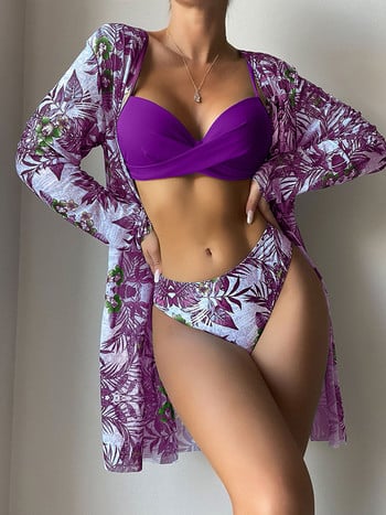 Σετ μπικίνι Three Pieces Cover Up Women 2022 Νέο Push Up Twist μαγιό στάμπα μακρυμάνικο σέξι μαγιό καλοκαίρι