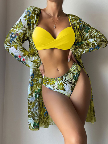 Σετ μπικίνι Three Pieces Cover Up Women 2022 Νέο Push Up Twist μαγιό στάμπα μακρυμάνικο σέξι μαγιό καλοκαίρι