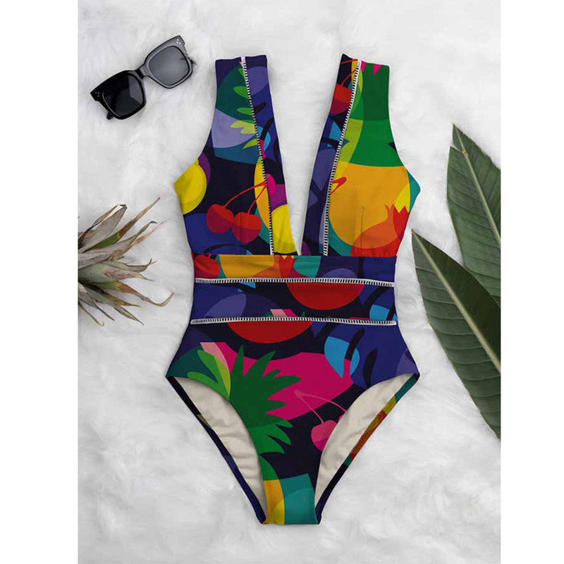 Divatos Colorblock Print V-nyakú, varrat nélküli patchwork fürdőruha, magas derekú, nyitott hátú, szexi egyrészes bikini 2022-es Strandruha Push-Up