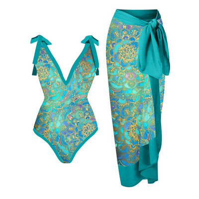 Дамски ретро бански костюм от една част и пола Deep V Ретро празнична плажна рокля Дизайнерски бански костюм Лятно облекло за сърф