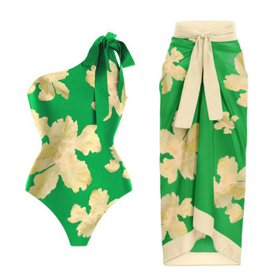Vintage egy váll zöld virágmintás fürdőruha szett, magas derekú vágott karcsú, elegáns strandruha Szexi csontváz elegáns bikini