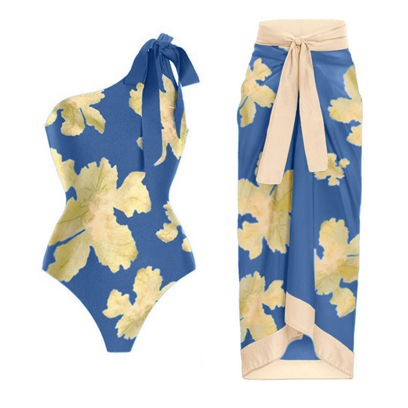 Vintage egy váll zöld virágmintás fürdőruha szett, magas derekú vágott karcsú, elegáns strandruha Szexi csontváz elegáns bikini