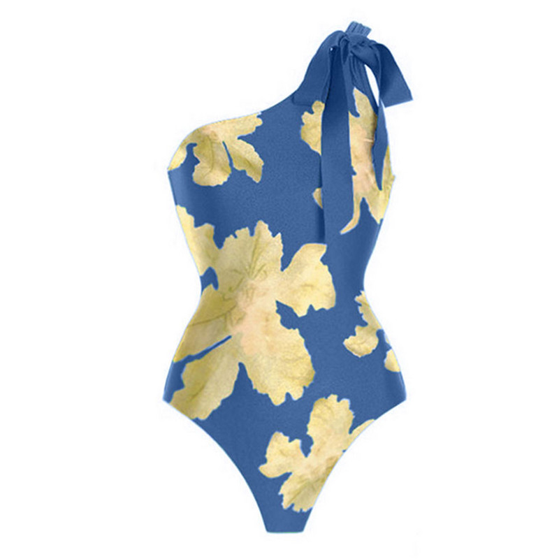 Vintage egy váll zöld virágmintás fürdőruha szett, magas derekú vágott karcsú, elegáns strandruha Szexi csontváz elegáns bikini