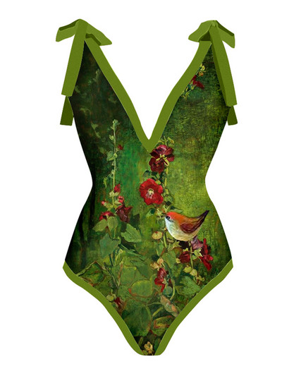 Γυναικεία ρούχα παραλίας Retro Deep-v Γυναικεία Μόδα Floral Ελαιογραφία Σετ μπικίνι One Piece Καλοκαιρινό εξώπλατο σέρφινγκ