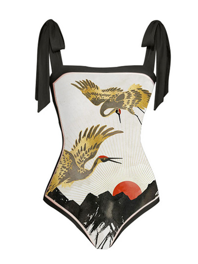 Μόδα εμπριμέ μπικίνι με φιόγκο 2022 Ρετρό μαγιό με κοψίδι με τετράγωνο λαιμό, χωρίς ραφές, ψηλόμεσο