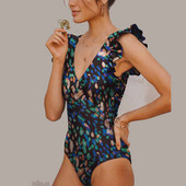 Jednodijelni ženski kupaći kostim dubokih V otvorenih leđa s otisnutim volanima, luksuzni bikini, blagdanski dizajnerski kupaći kostim, ljetna odjeća za surfanje