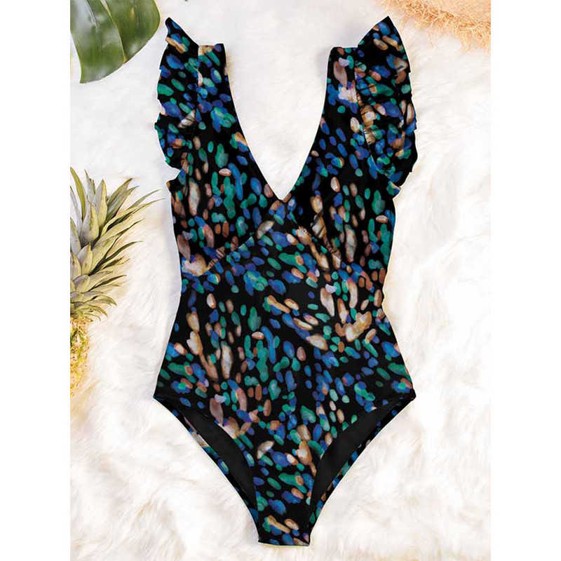 Jednodijelni ženski kupaći kostim dubokih V otvorenih leđa s otisnutim volanima, luksuzni bikini, blagdanski dizajnerski kupaći kostim, ljetna odjeća za surfanje