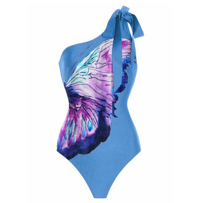 Vintage női egyrészes fürdőruha pillangómintás aszimmetrikus kék fedővel női retro nyaralás tengerparti ruha nyári szörfös viselet