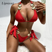 Κομψό μονόχρωμο μαγιό δύο τεμαχίων με μονόχρωμο κοχύλια Νέο σέξι μπικίνι με κορδόνια, καλοκαιρινό σετ μπικίνι Push Up, χωρίς πλάτη