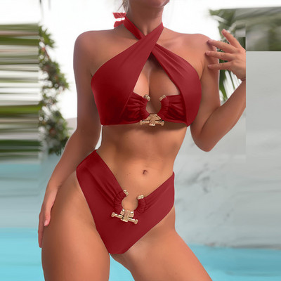 Modni bikini komplet s čipkom bez leđa, kupaći kostimi Seksi dvodijelni kupaći kostim s halterima s križem i izdubljenim Push up ženska odjeća za plažu