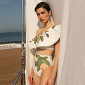 Μόδα εμπριμέ με έναν ώμο με βολάν μαγιό σετ δύο τεμαχίων Γυναικεία ψηλόμεση μαγιό Καλοκαιρινά μπικίνι παραλίας για καλοκαιρινές διακοπές