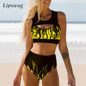 Novi boemski bikini set s retro uzorkom, ljetni kupaći kostim s U izrezom, bez rukava i visokog struka, ženski dupli push up dvodijelni dvodijelni kupaći kostim