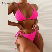2023-as női bordás, hát nélküli bikini fürdőruha Szexi egyszínű kötés, kétrészes bikini szett nyári brazil push up strandruha biquini