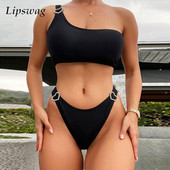 Costum de baie de culoare solidă, fără spate, 2 buc pentru femei, cu guler înclinat, cu un umăr, cu cataramă în formă de inimă, set de bikini triunghi sexy îmbrăcăminte de plajă